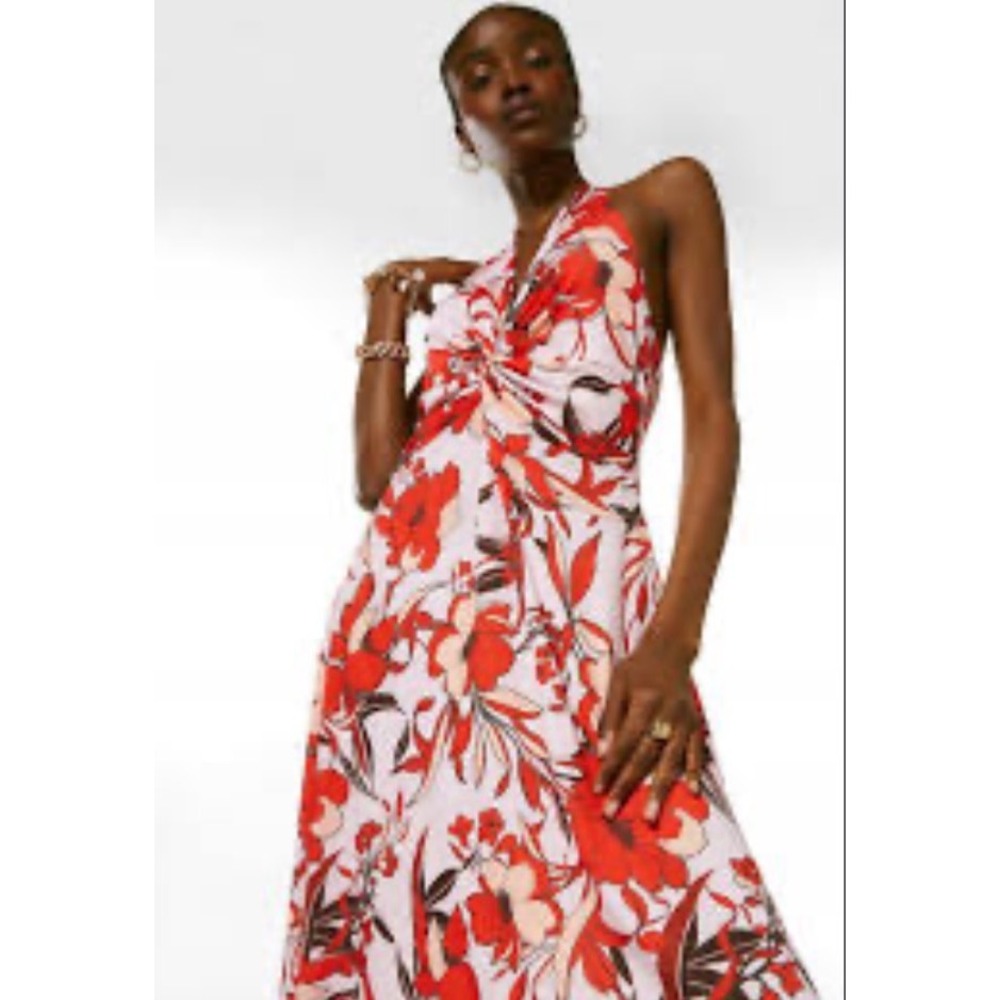 Karen Millen Floral Halter Midi Dress Women Small Red A-Line Resort Garden Party